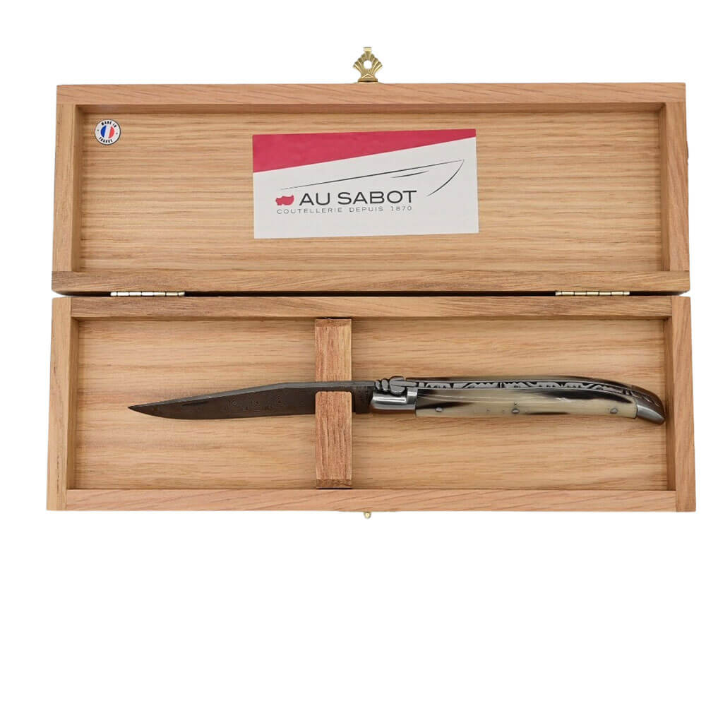 Coffret en Chêne avec Couteau pliant Laguiole Prestige Lame Damas Manche Corne - Au Sabot