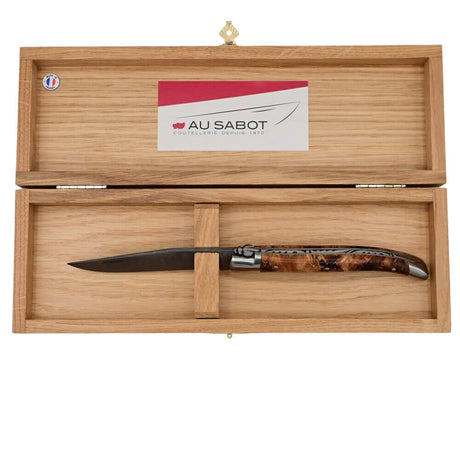 Coffret contenant Couteau pliant Laguiole Prestige Lame Damas Manche Peuplier - Au Sabot