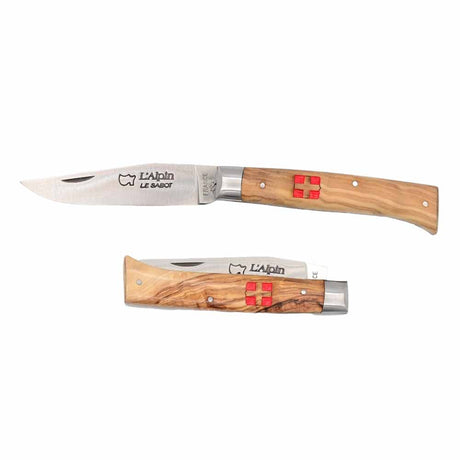 Couteau pliant Alpin Croix de Savoie avec mitre et Manche en Bois d'Olivier - Au Sabot