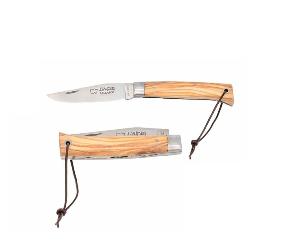 Couteau pliant Alpin Manche en Bois d'Olivier, Mitre et Lien en Cuir - Au Sabot