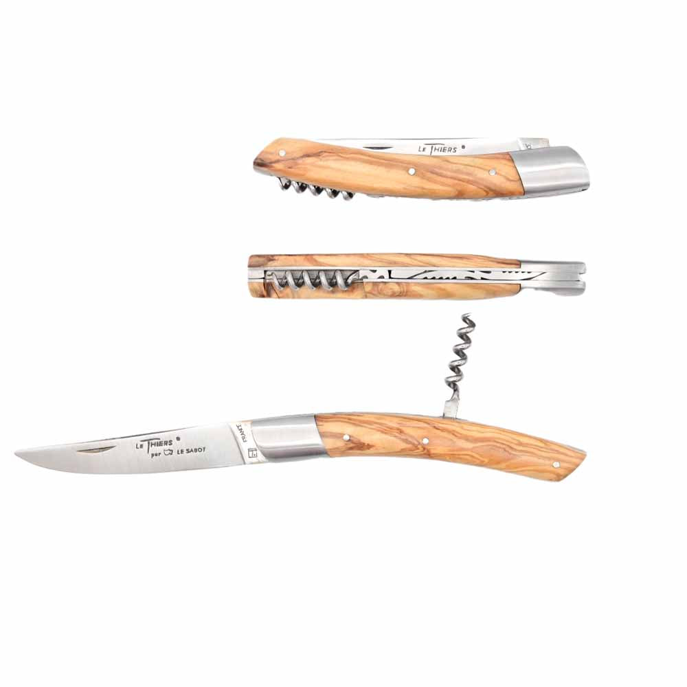 Couteau Pliant Le Thiers 12cm avec Mitre, Tire-Bouchon et manche en bois d'Olivier - Au Sabot
