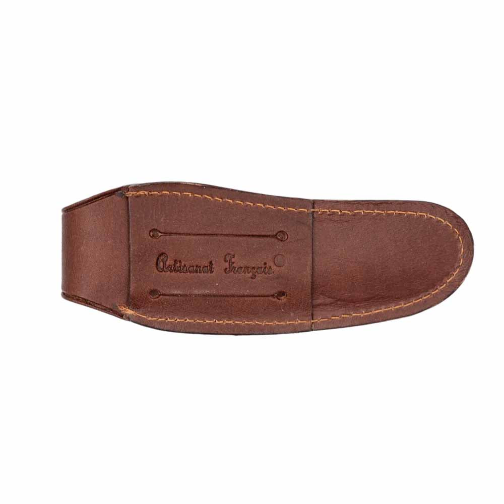 Arrière de l'étui en Cuir marron pour Couteau Pliant Basque ou Garonnais - Au Sabot