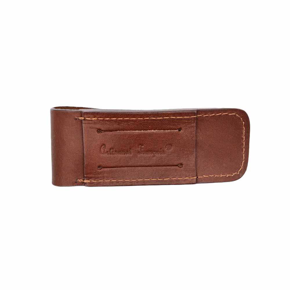 Arrière de l'étui en Cuir marron pour Couteau Pliant Régional Au Sabot