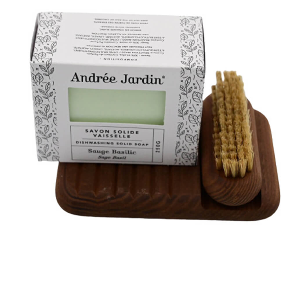 Ensemble Porte-savon en frêne, brosse et savon sauge-basilic - ANDREE JARDIN
