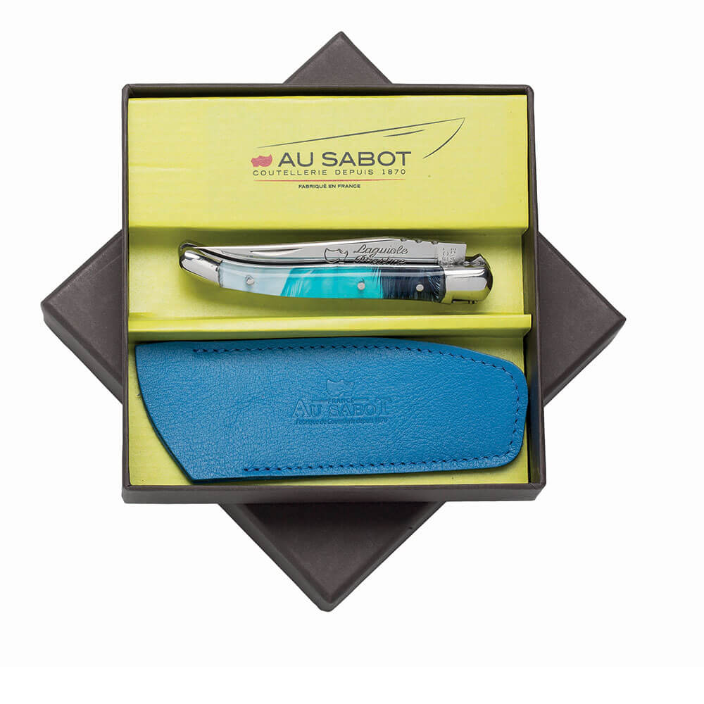 Coffret avec Couteau Pliant Laguiole avec Etui en Cuir Bleu OFFERT - Au Sabot