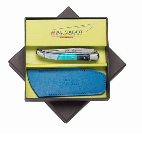 Coffret avec Couteau Pliant Laguiole avec Etui en Cuir Bleu OFFERT - Au Sabot