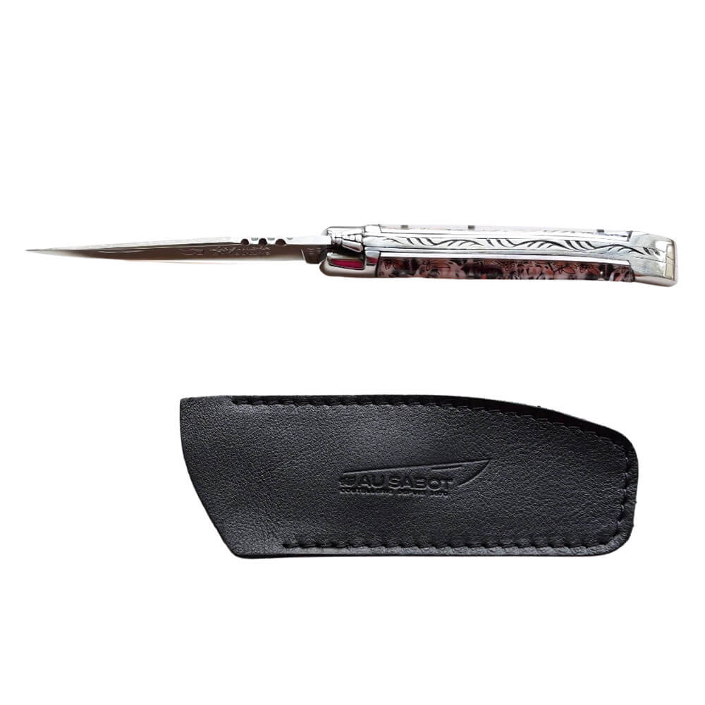 Couteau Pliant Laguiole Japonisant avec Etui en Cuir Noir OFFERT présenté de profil - Au Sabot