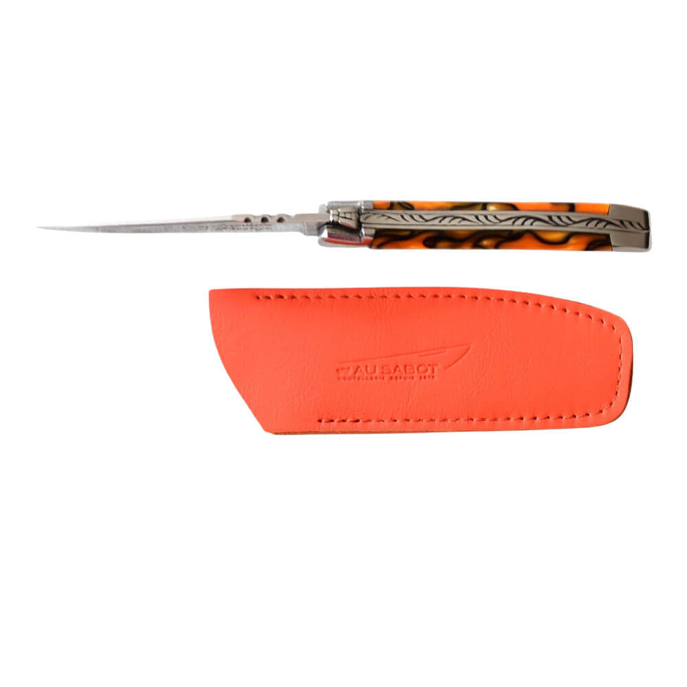 Couteau Pliant Laguiole avec Etui en Cuir Orange OFFERT vu de profil - Au Sabot