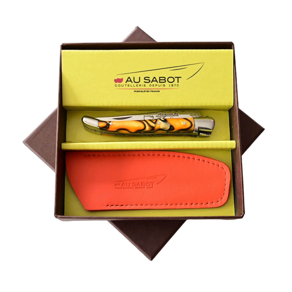 Couteau Pliant Laguiole avec Etui en Cuir Orange OFFERT présenté dans un coffret - Au Sabot