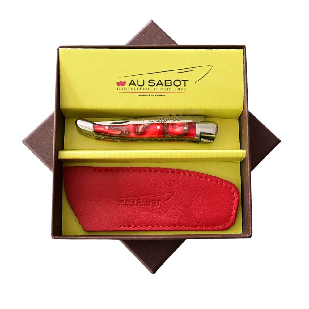 Couteau Pliant Laguiole avec Etui en Cuir Rouge OFFERT présenté dans son coffret - Au Sabot