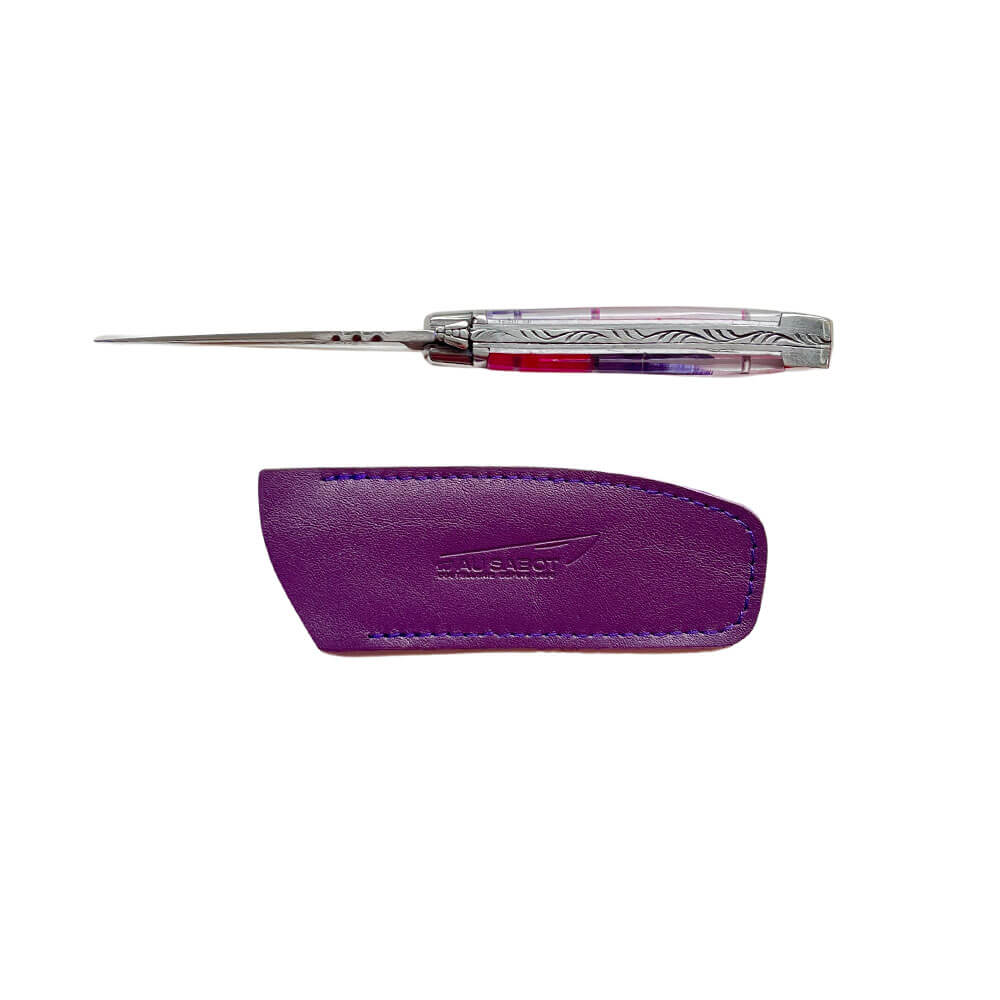 Couteau Pliant Laguiole avec Etui en Cuir Violet OFFERT vu de profil - Au Sabot