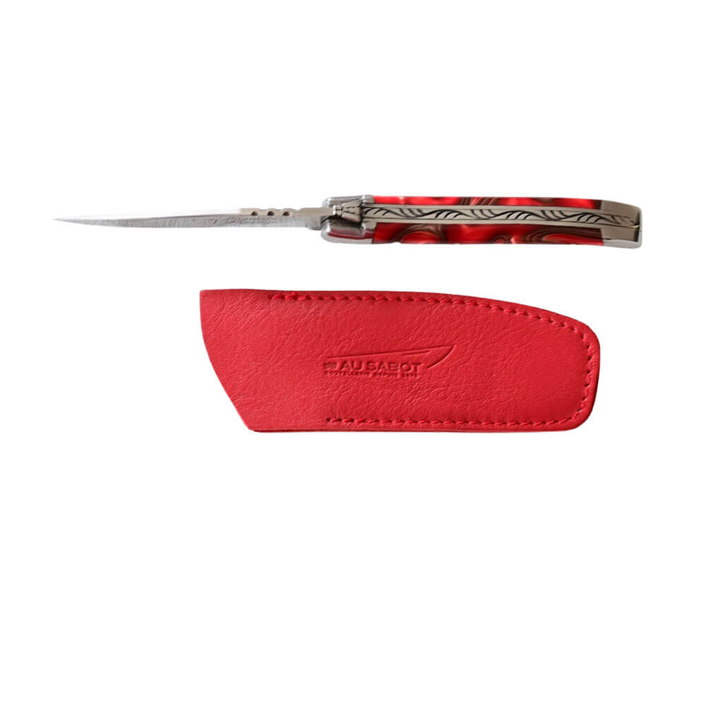 Couteau Pliant Laguiole avec Etui en Cuir Rouge OFFERT de profil - Au Sabot