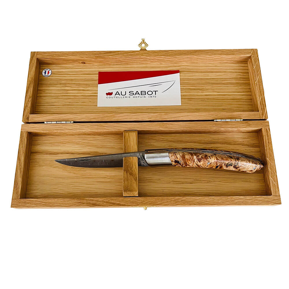 Couteau pliant Le Thiers Prestige Lame Damas Manche Peuplier dans le coffret - Au Sabot