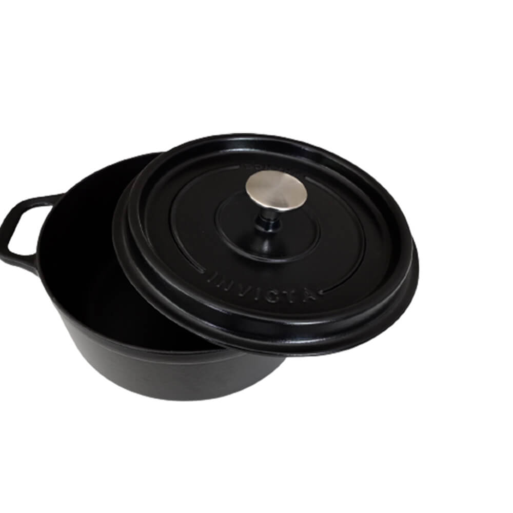 Cocotte Mijoteuse ronde noir Invicta avec couvercle ouvert