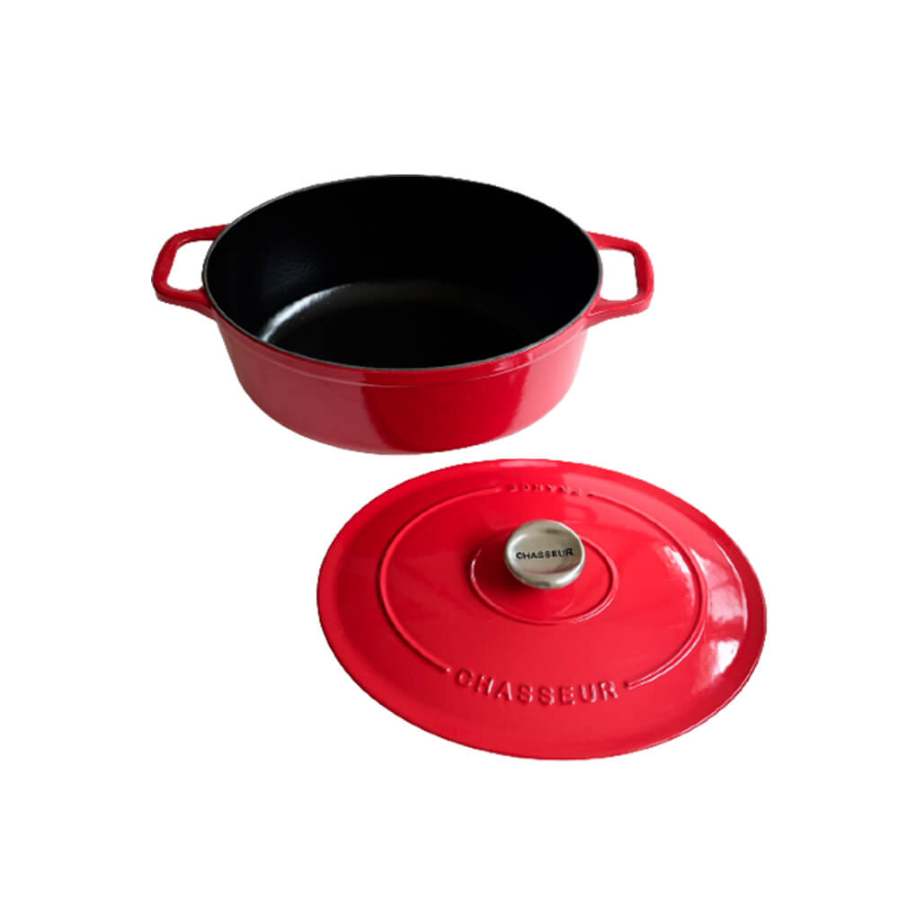 Cocotte Mijoteuse ovale rouge Le Chasseur Invicta avec couvercle ouvert