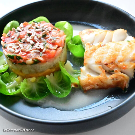 Timbale de légumes et poisson rôti