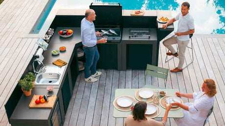 Cuisine extérieure haut de gamme avec évier, plancha et coin repas, pour illustrer un exemple de budget complet.
