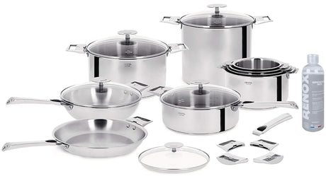 Batterie de cuisine en inox Cristel avec casseroles, poêles et couvercles en verre, accompagnée du nettoyant Renox pour l’entretien de l’inox.