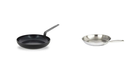 poele en inox et poele en ceramique sur fond blanc