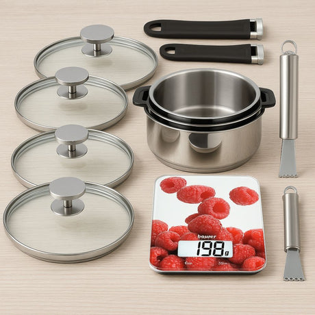 Ustensiles et accessoires de cuisine Cristel : casseroles inox empilables avec poignées amovibles, couvercles en verre, zesteur en inox et balance digitale