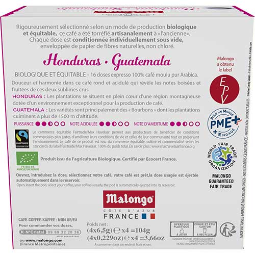 Capsules de café Honduras/Guatemala - Machine EOH - MALONGO boisé fruité, doux