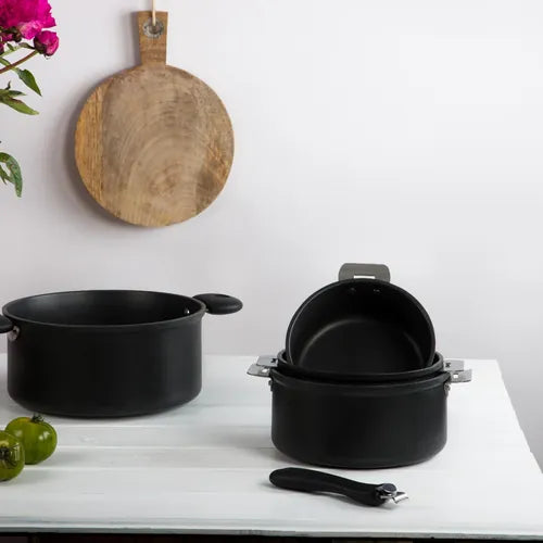 Lot de 3 Casseroles Cookway avec 1 poignée OFFERTE - CRISTEL poignée amovible noire