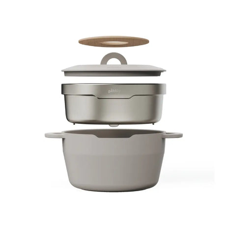 Cocotte céramique multifonction Pebbly 24 cm Greige avec panier vapeur et dessous-de-plat