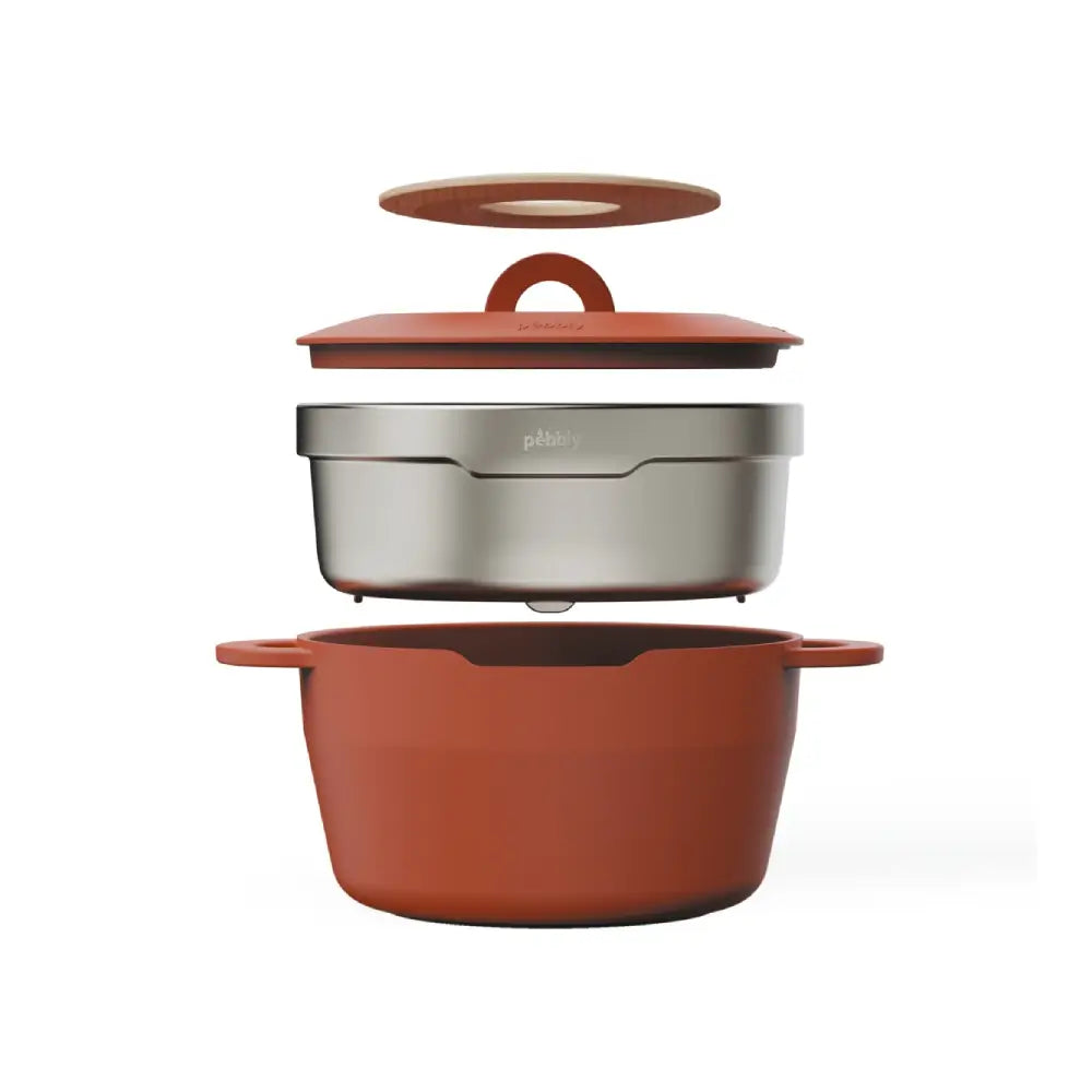Cocotte Pebbly 24 cm Terracotta avec panier vapeur inox et dessous-de-plat en bambou