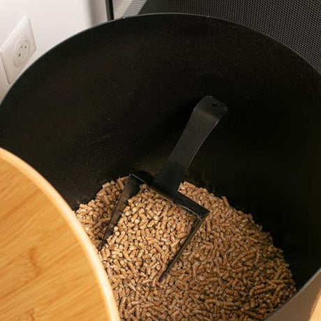 Coffre à granulés Volute rond Noir et couvercle bambou - LE MARQUIER  acier robuste promo