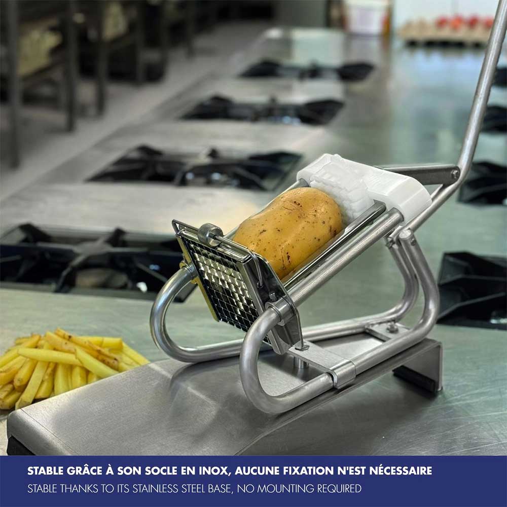 Coupe-Frites Professionnel inox sur socle inox - couteau inox + poussoir 10mm - Louis Tellier