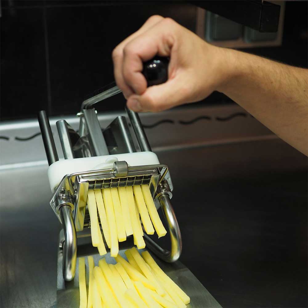 Coupe-Frites Professionnel inox sur socle inox - couteau inox + poussoir 10mm - Louis Tellier en stock