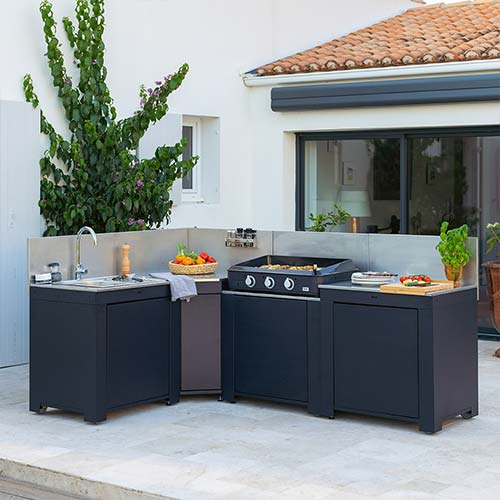 Cuisine COMFORT 5 Modules Bleu Navy - ENO plancha frigo plan de travail évier angle