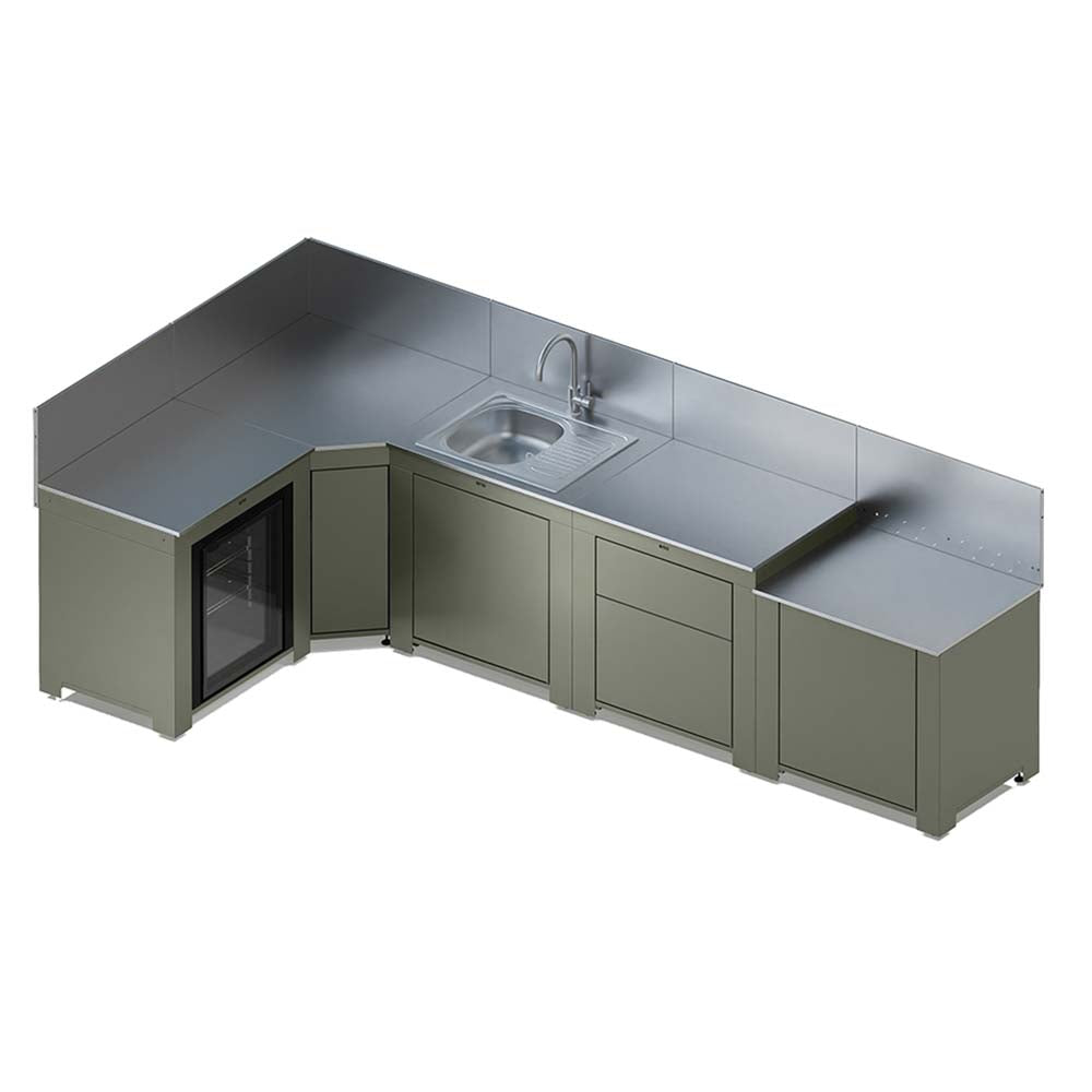 Cuisine COMFORT 5 Modules Vert Sauge - ENO plancha plan de travail évier frigo angle