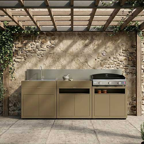 Cuisine 3 Eléments Taupe avec crédence inox - LE MARQUIER en promotion
