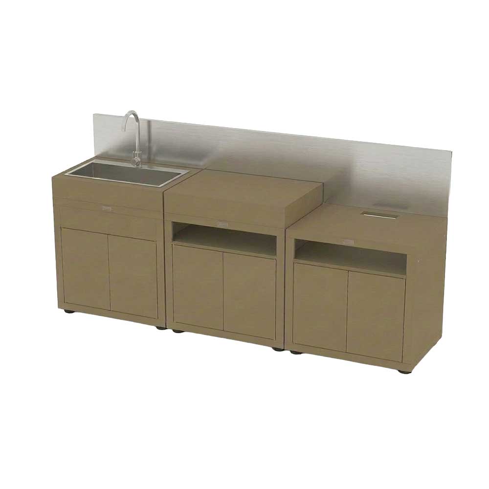 Cuisine 3 Eléments Taupe avec crédence inox - LE MARQUIER