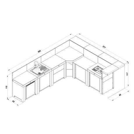 Schéma technique de la cuisine extérieure en angle avec dimensions, comprenant un évier, un réfrigérateur, des modules de rangement, une plaque de cuisson et un comptoir bar.