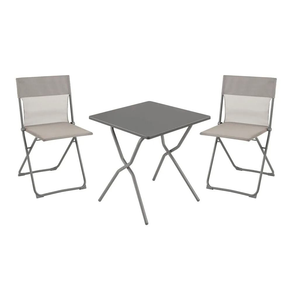 Ensemble table carrée Balcony II Lafuma 2 chaises pliantes mobilier jardin compact gris titane