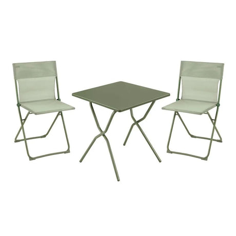 Ensemble table carrée Balcony II Lafuma 2 chaises pliantes mobilier extérieur compact vert moss