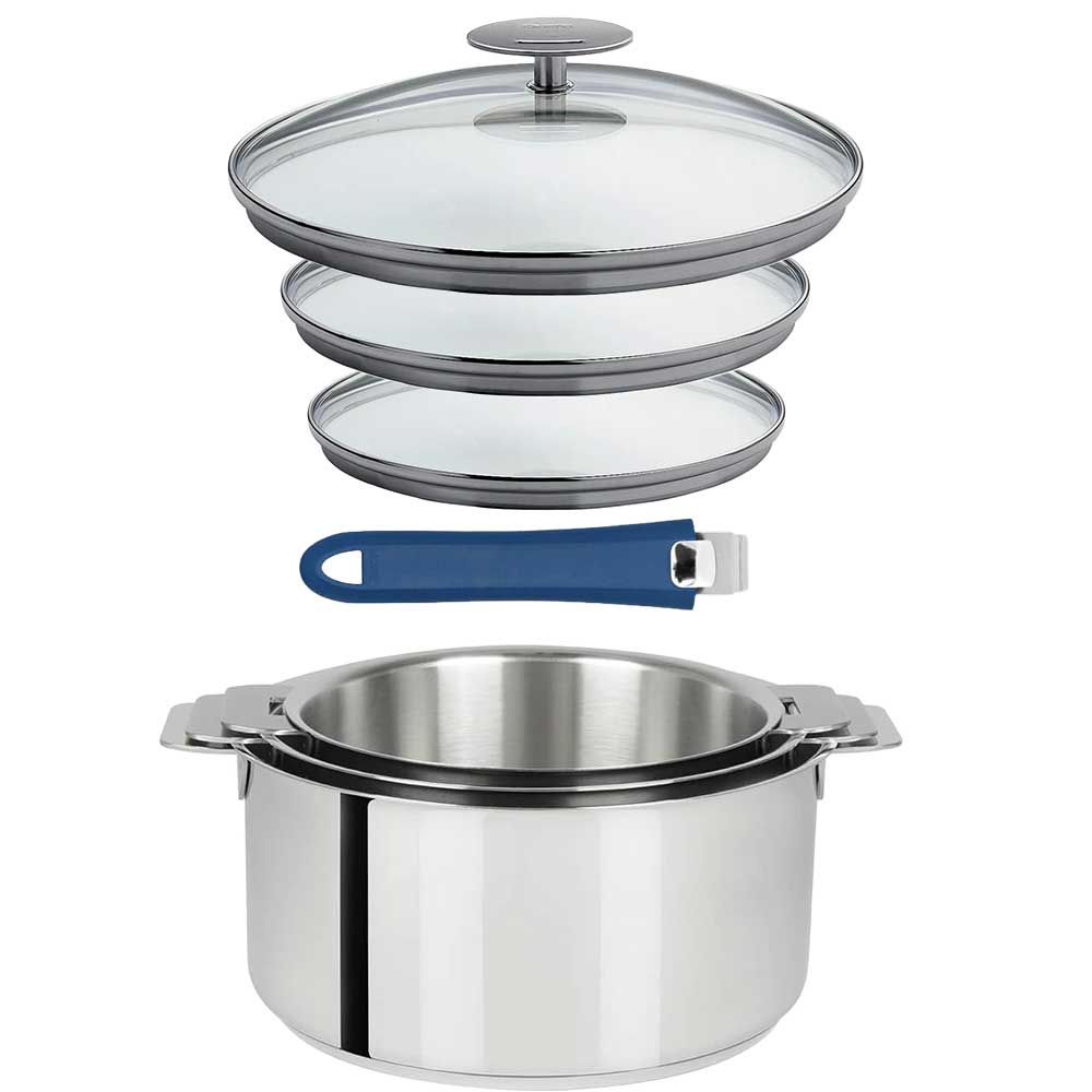 Lot 3 Casseroles inox Mutine avec Poignée et Couvercles - CRISTEL couleur bleu