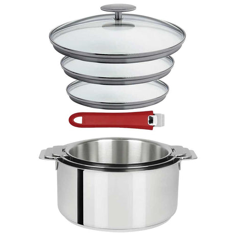 Lot 3 Casseroles inox Mutine avec Poignée et Couvercles - CRISTEL couleur rouge framboise