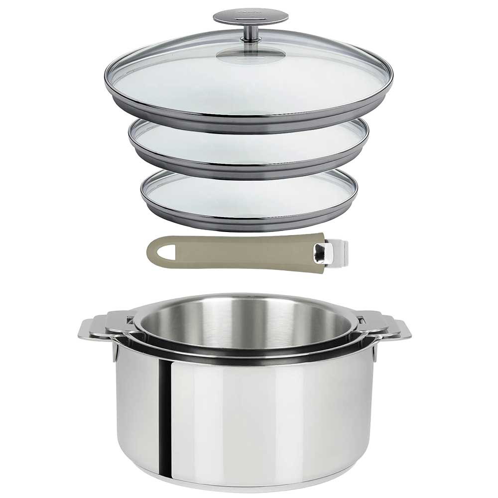 Lot 3 Casseroles inox Mutine avec Poignée et Couvercles - CRISTEL couleur taupe