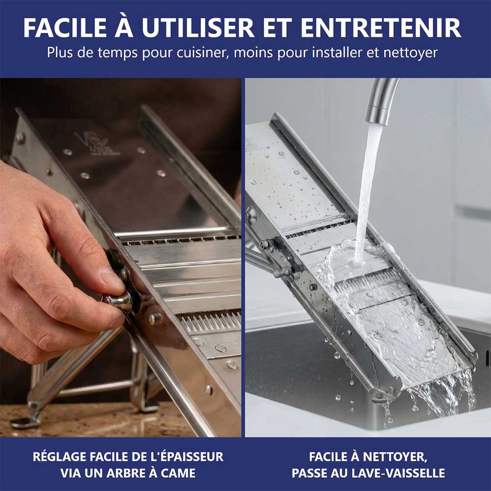 Mandoline Inox Professionnelle avec Chariot 3 & 10 mm - Louis Tellier facile d'entretien
