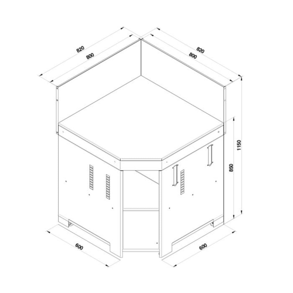 Schéma technique du module d’angle pour cuisine extérieure - ENO, avec dimensions détaillées et vue en perspective.