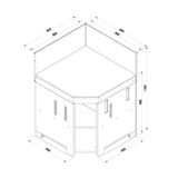 Schéma technique du module d’angle pour cuisine extérieure - ENO, avec dimensions détaillées et vue en perspective.