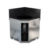 Module d’angle pour Kamado M & L Noir et Inox - ENO, avec espace d’encastrement circulaire, étagère de rangement et crédences latérales.