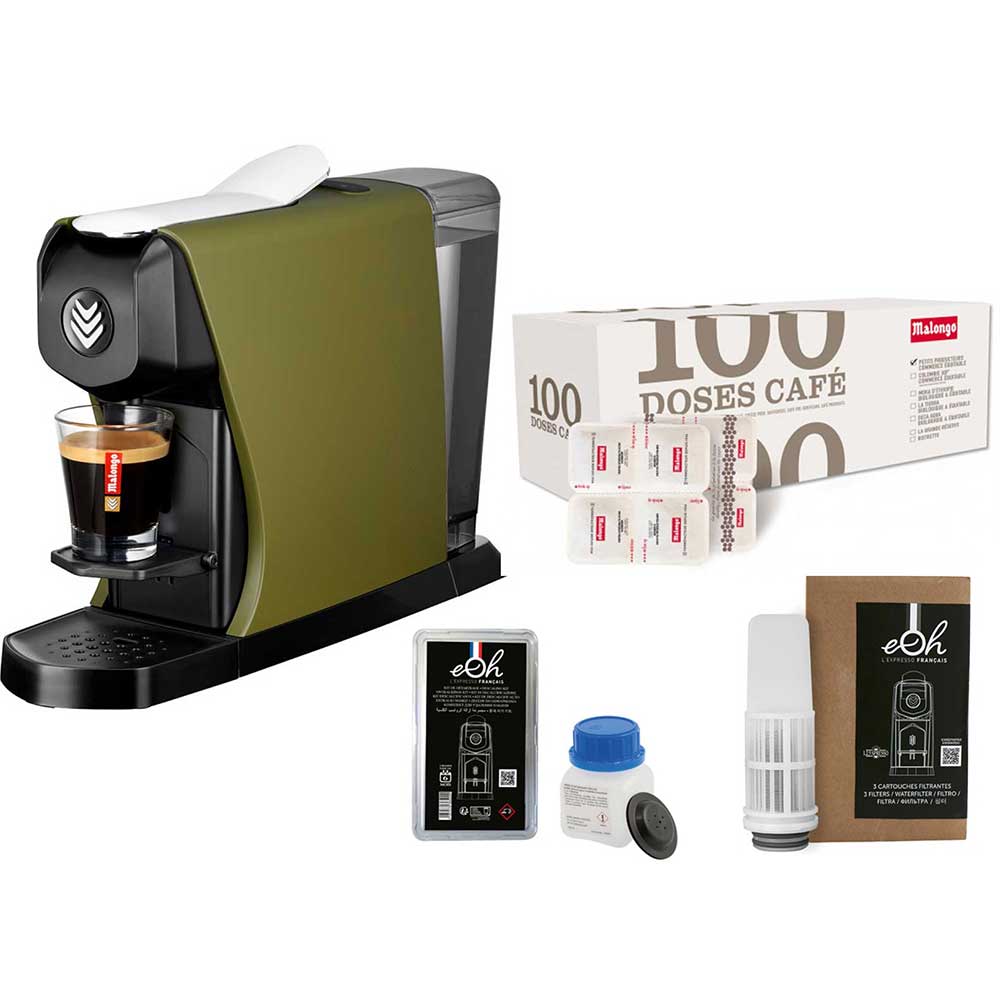 Pack Tranquillité Machine à café EOH vert kaki avec accessoires et café - MALONGO