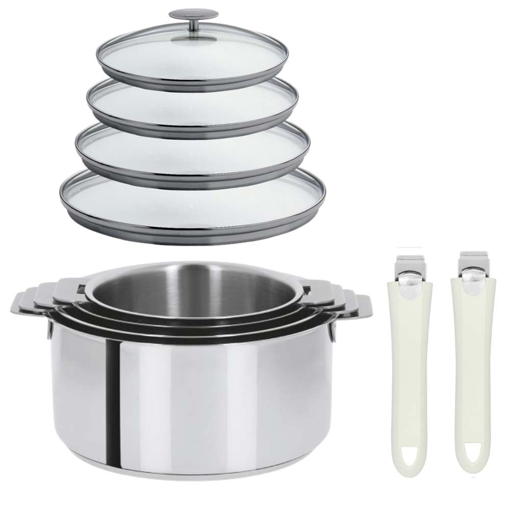 Lot de 4 Casseroles Mutine avec 2 poignées blanc et 4 couvercles - CRISTEL