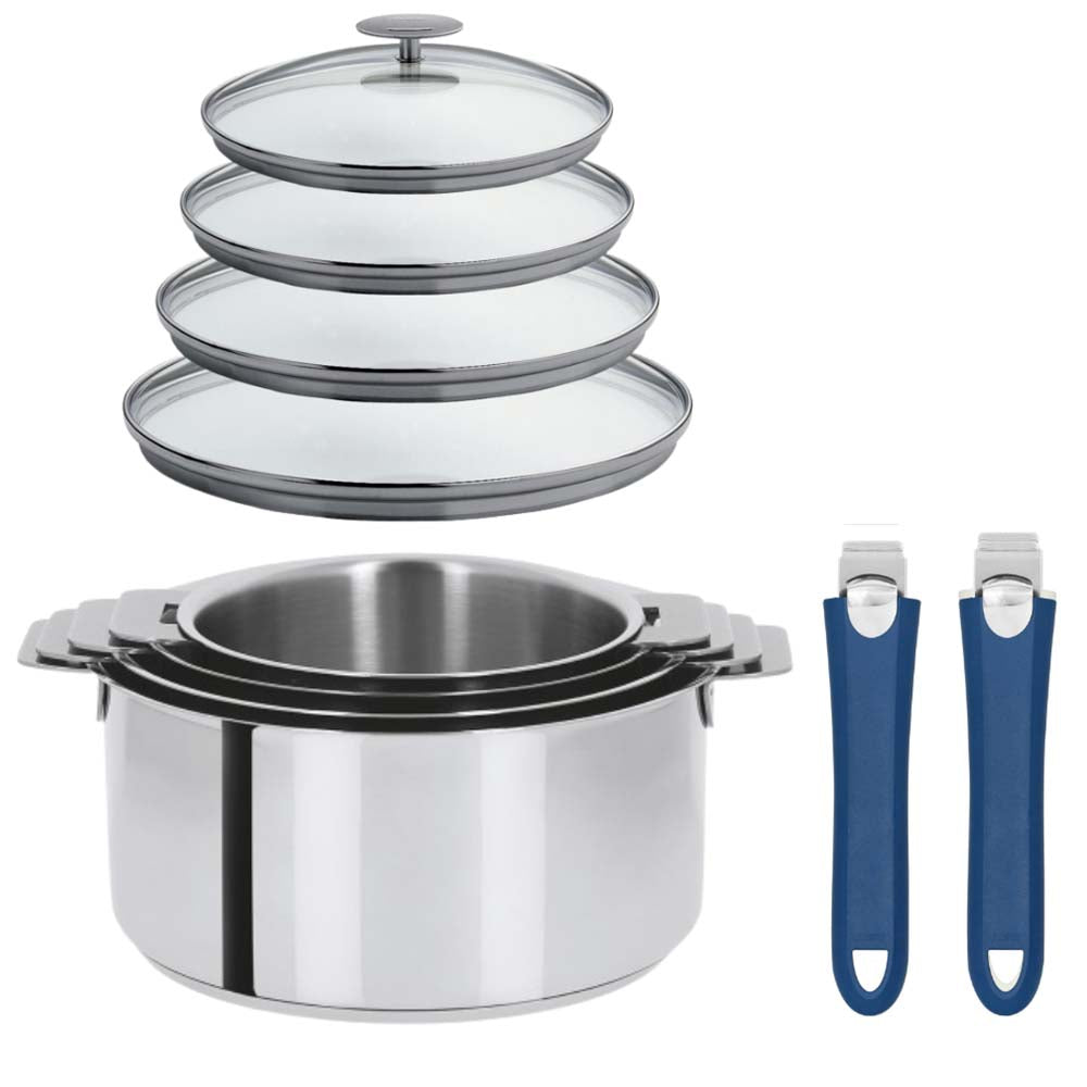 Lot de 4 Casseroles Mutine avec 2 poignées bleu et 4 couvercles - CRISTEL