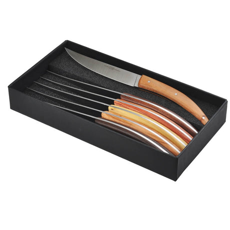 Coffret de 6 couteaux Stylver Brasserie avec plein manche en bois assortis de la coutellerie Goyon-Chazeau