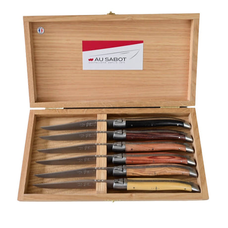 Coffret de 6 couteaux Laguiole Prestige manches en bois panachés - Au Sabot
